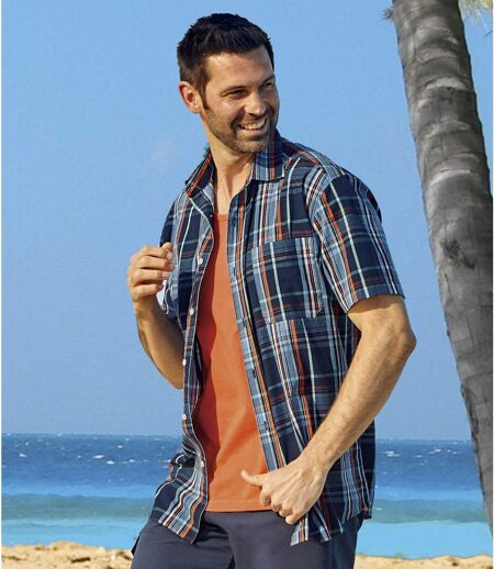Men's Casual Checked Shirt - Blue Orange