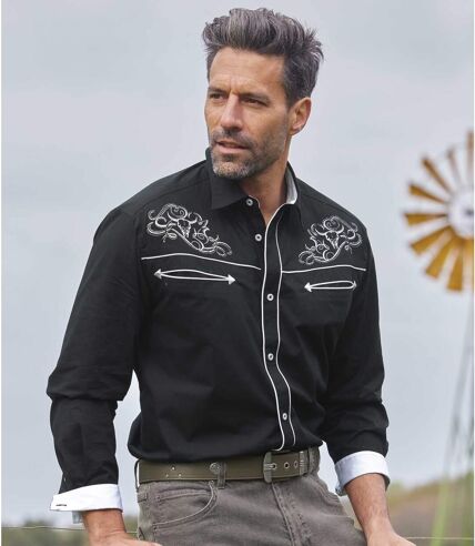 Men's Black Western-Style Poplin Shirt 