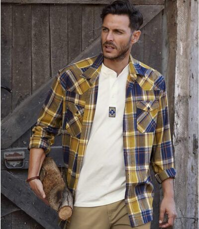 Men's Flannel Checked Shirt - Blue, Mustard and Cream