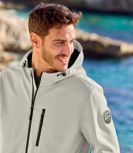 Men's Beige Hooded Softshell Jacket - Water-Repellent