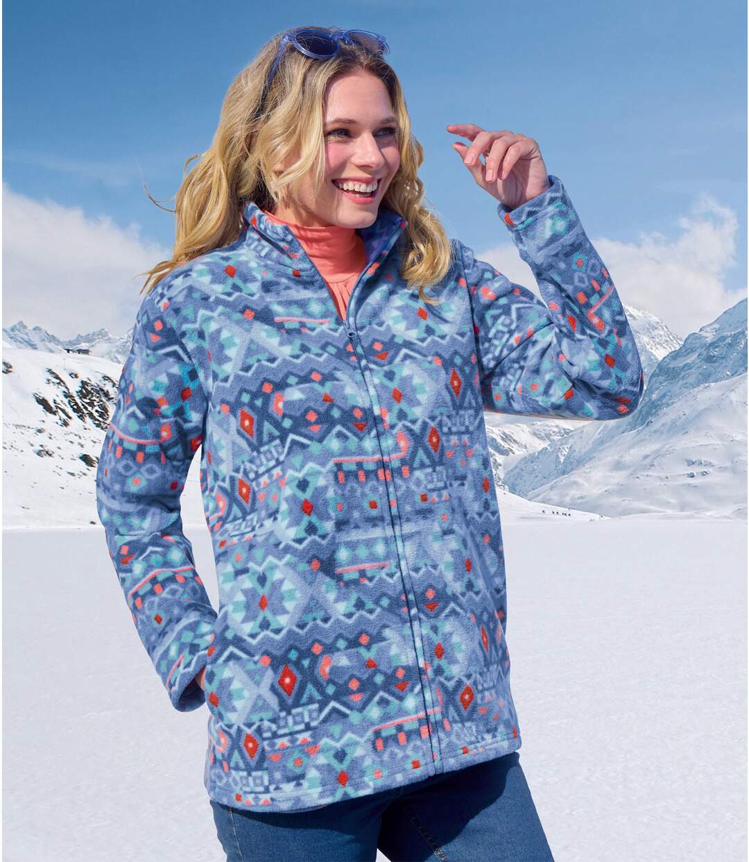 Women's Blue & Coral Geometric Print Fleece Jacket-1