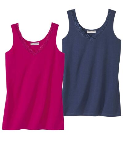 Pack of 2 Women's Stretch Vest Tops - Pink Navy