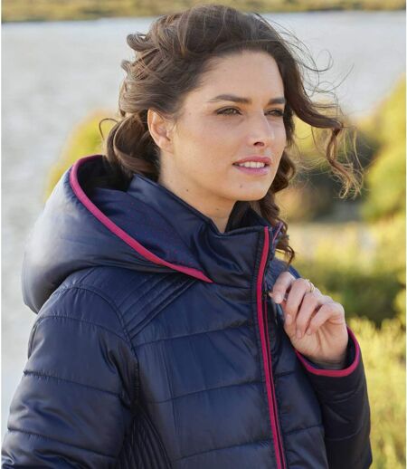 Women's Navy Iridescent Puffer Jacket - Water-Repellent
