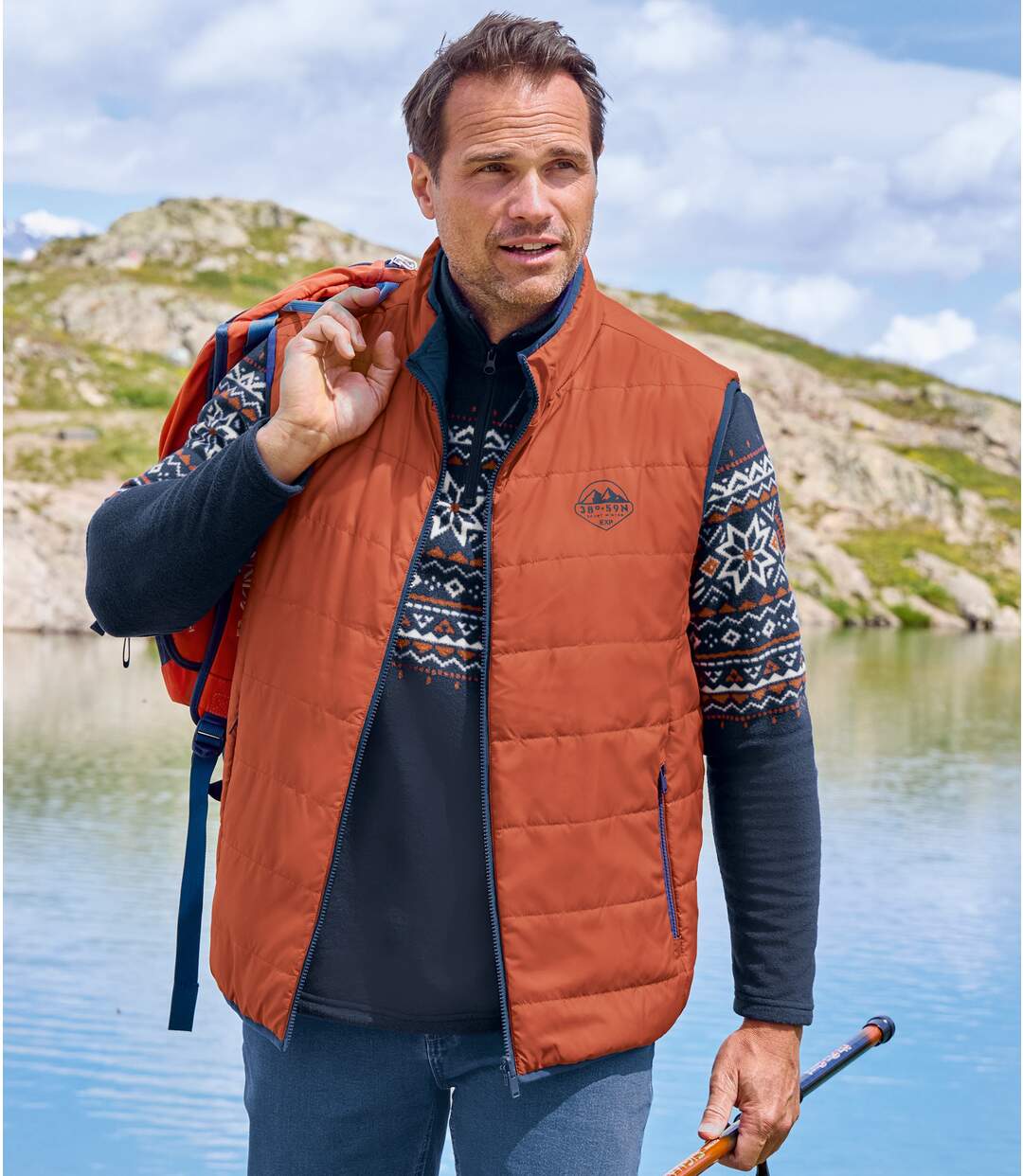 Men's Reversible Water-Repellent Padded Vest - Orange Navy