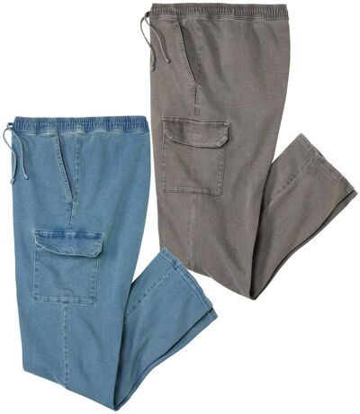 Pack of 2 Men's Denim Cargo Trousers - Blue Grey