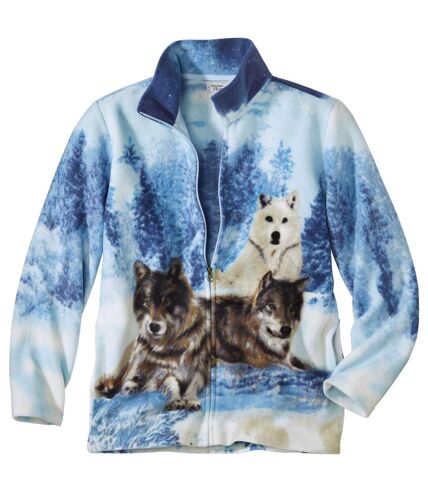 Women's Blue Wolf Print Fleece Jacket