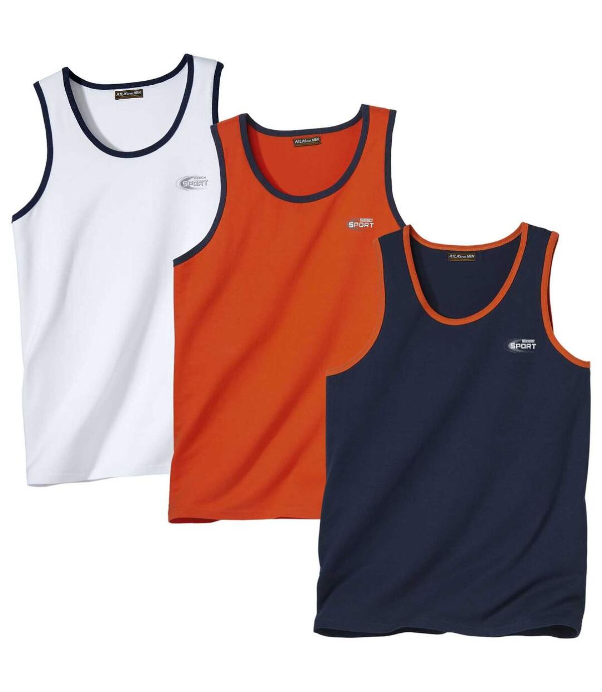 Pack of 3 Men's Sports Tank Tops - White, Orange, Navy Atlas For Men