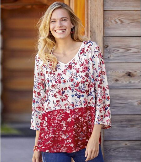 Women's Floral Crepe Blouse - Red Off-White