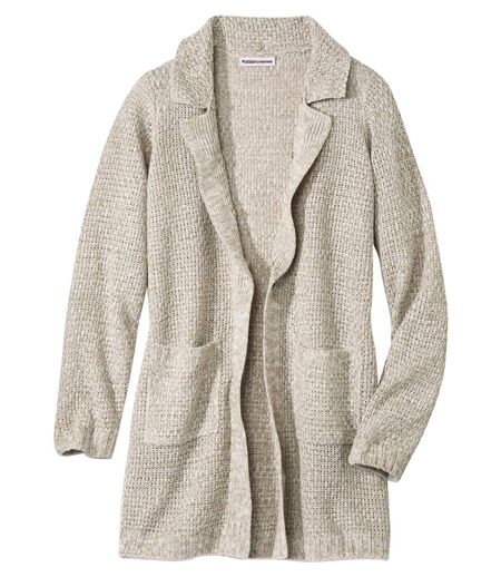 Women's Beige Knitted Jacket with Faux-Fur Collar 