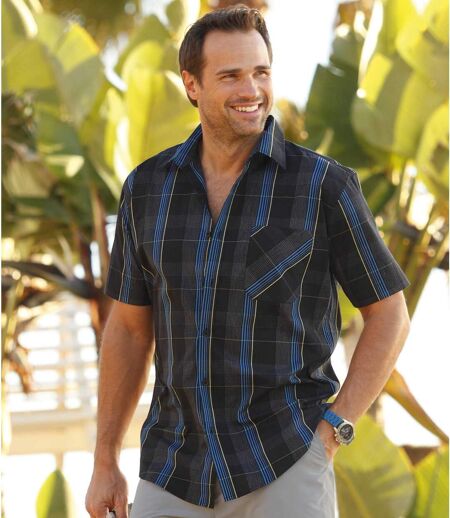 Men's Black Checked Summer Poplin Shirt - Short Sleeves