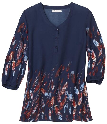Women's Feather Print Crepe Blouse - Navy