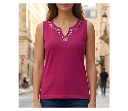 Débardeur femme MAYFLOWER REFAT : Tee-shirt sans manches fushia avec col strass étincelant