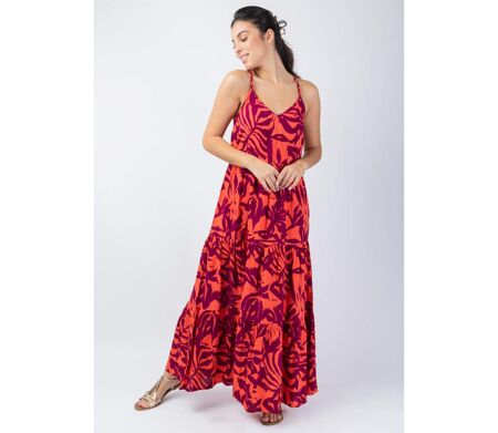 Robe longue bohème chic MONICA motif fleur de tiaré Coton Du Monde
