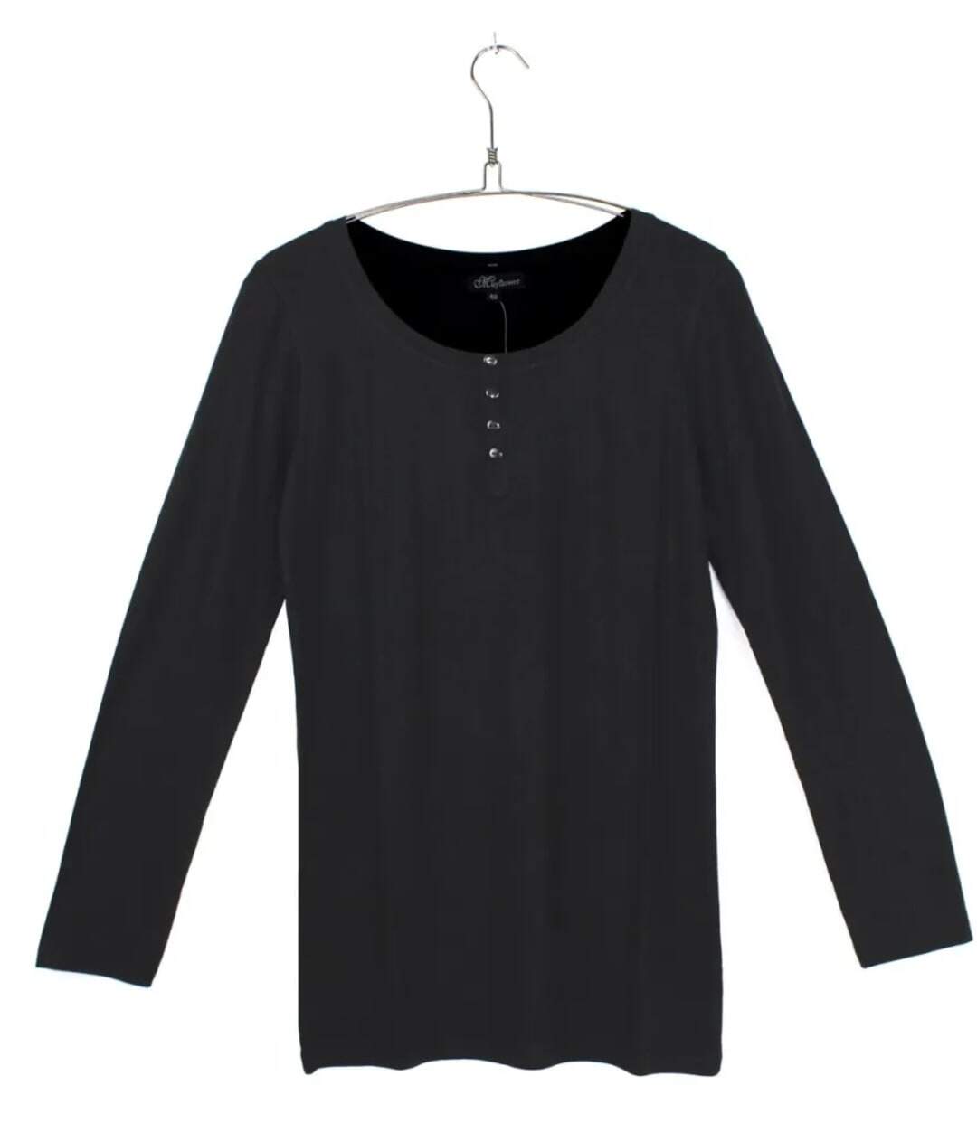 MAYFLOWER - Tee-shirt manches longues noir uni en viscose stretch avec col à 4 boutons-5