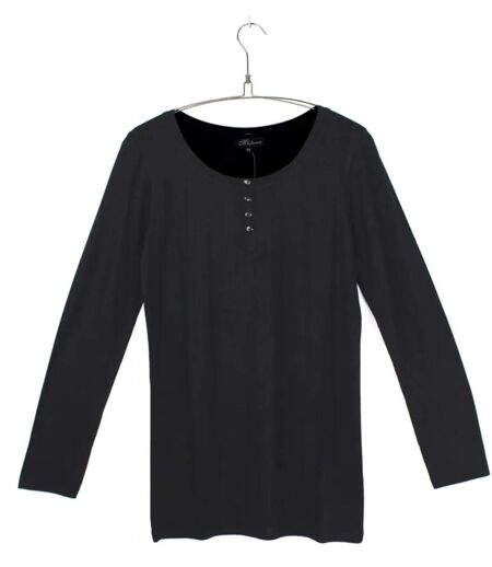 MAYFLOWER - Tee-shirt manches longues noir uni en viscose stretch avec col à 4 boutons