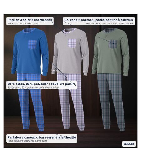OZABI Pyjama Homme Long Pack de 3, Coton Doublé Polaire, Col Boutonné