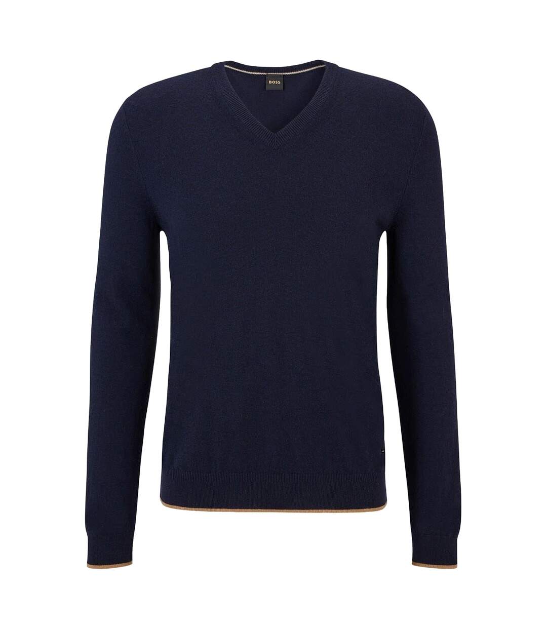 Mens Contrast Tipped V Neck Regular Sweater Top Dark Blue Boss-1