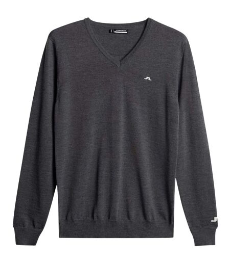 Mens Lymn Embroidered Logo Knitted V Neck Sweatshirt Grey Melange J.Lindeberg