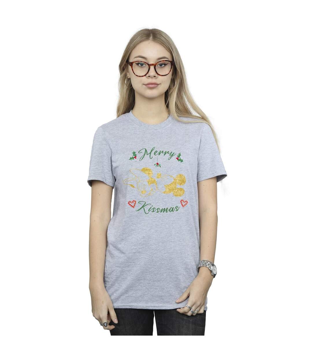 Disney Femme/Les femmes Mickey Mouse Merry Kissmas Cotton Boyfriend T-Shirt (Gris sportif) - UTBI38723-1