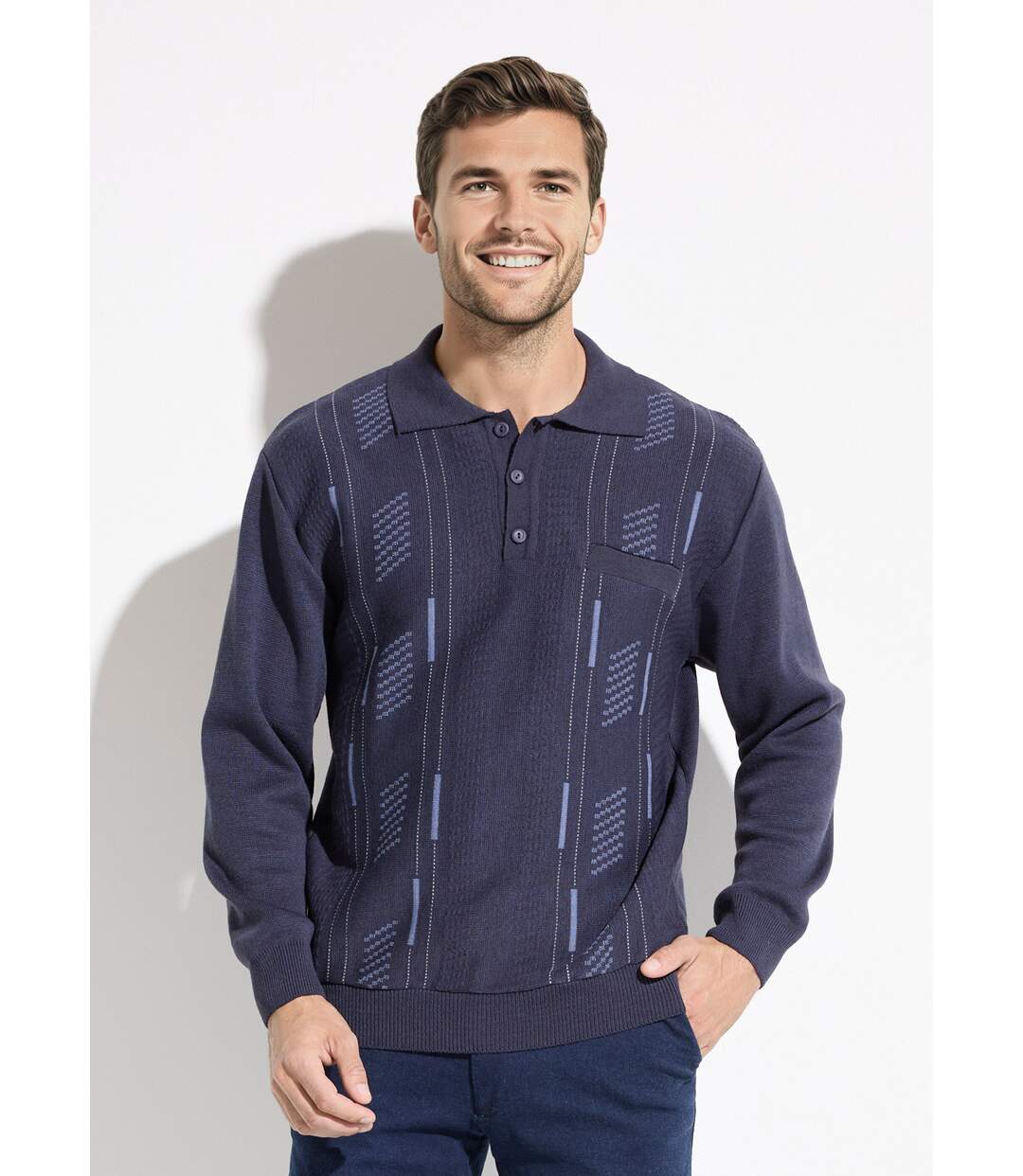 Pull col polo boutonné jacquard manches longues laine-1