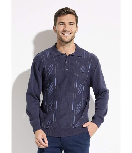 Pull col polo boutonné jacquard manches longues laine