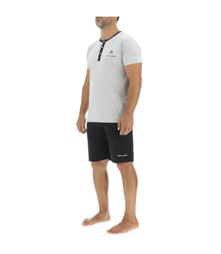Ensemble Pyjama court homme en coton uni col boutonné & Logo poitrine Pierre Cardin