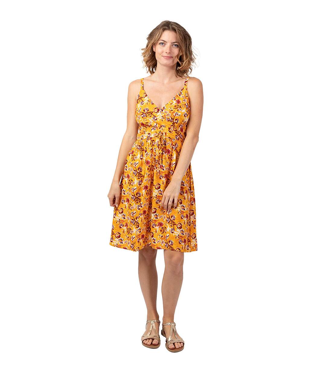 Robe femme bohème chic MOREA motif fleuri jaune Coton Du Monde