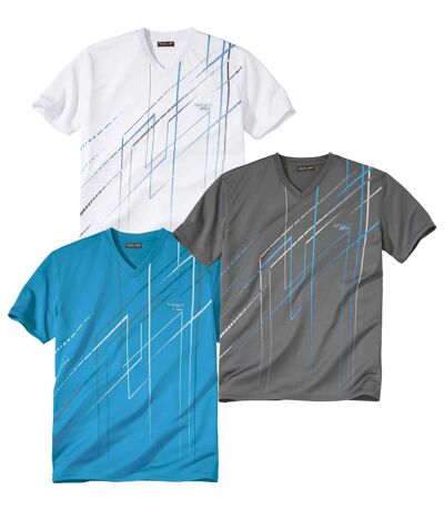 Pack of 3 Men's Sports Print T-Shirts - Gray Turquoise White