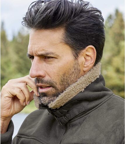 Men's Grey Full Zip Faux-Suede Jacket - Water-Repellent - Sherpa Lining