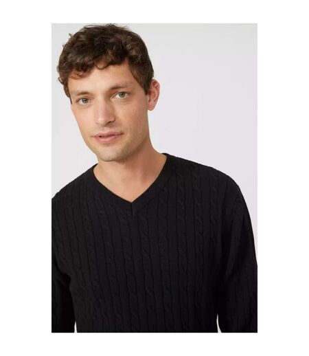 Mens premium cable cotton v neck jumper black Maine