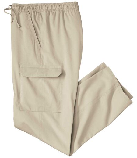 Men's Beige Cargo Trousers - Elasticated Waist 