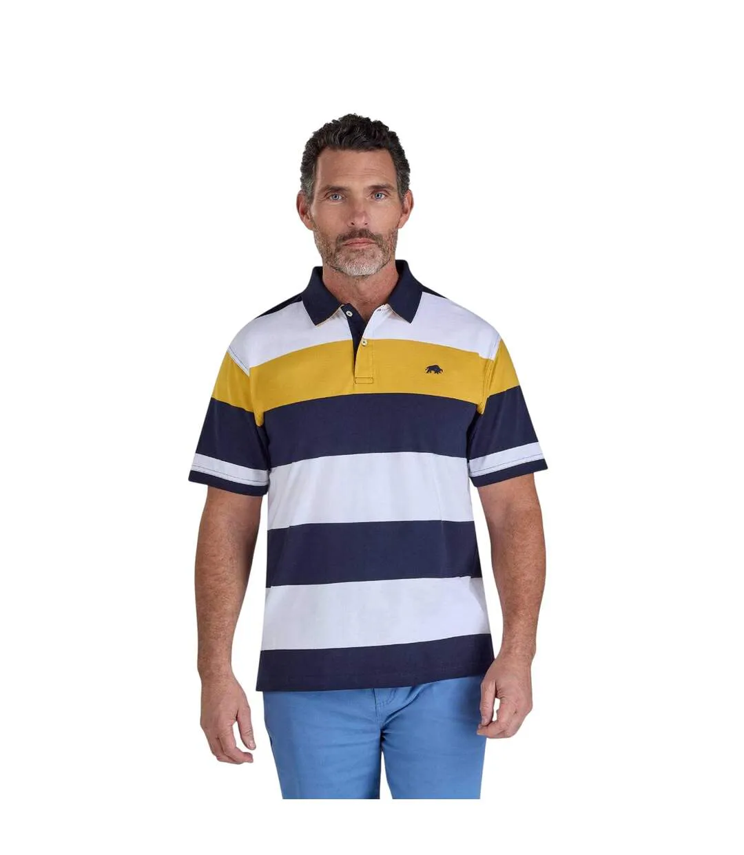 Mens Stripe Jersey Polo Shirt Navy White Yellow Raging Bull-2