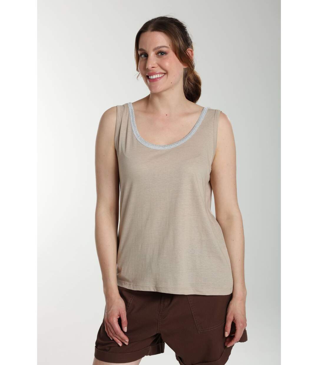 Debardeur col lurex femme Deb Summer Taupe Clair | Gerard Pasquier-1