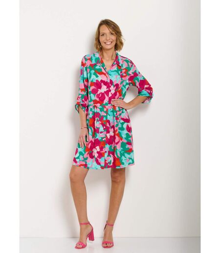 Robe-chemisier courte fleurie manches 3/4 retroussables