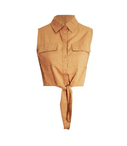 Womens/ladies elizabeth tie front crop shirt sand Brave Soul