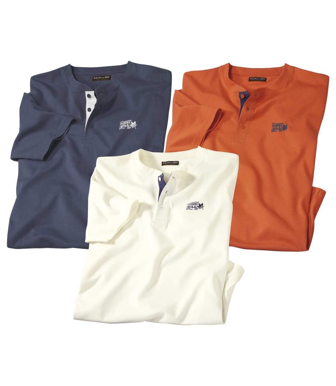 Pack of 3 Men's Button-Neck T-Shirts - Blue, Ecru, Orange Atlas For Men