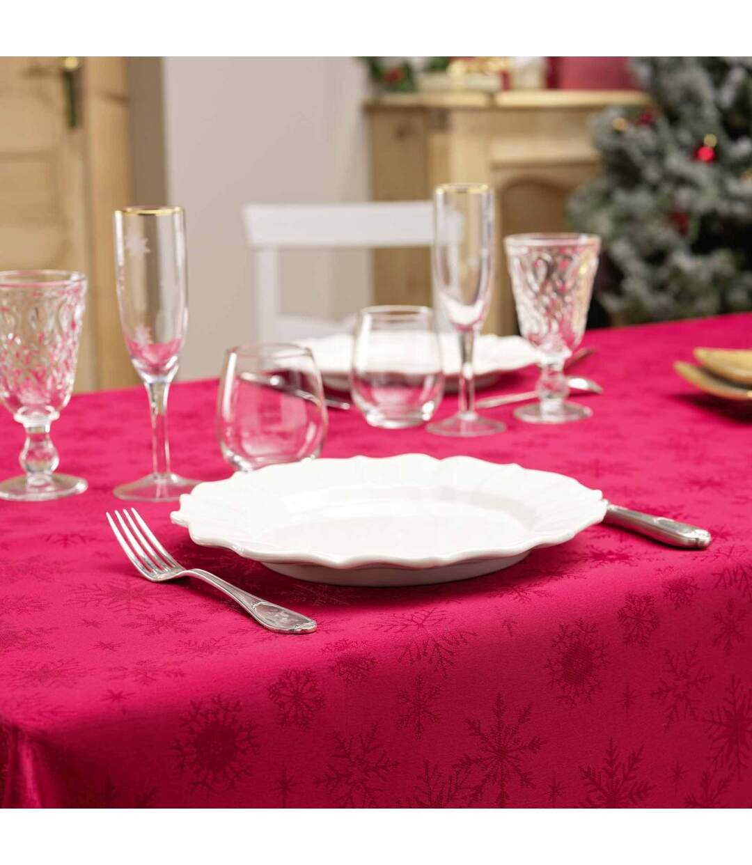 Nappe Jacquard Imprimé Flocons 140x240cm Rouge-3