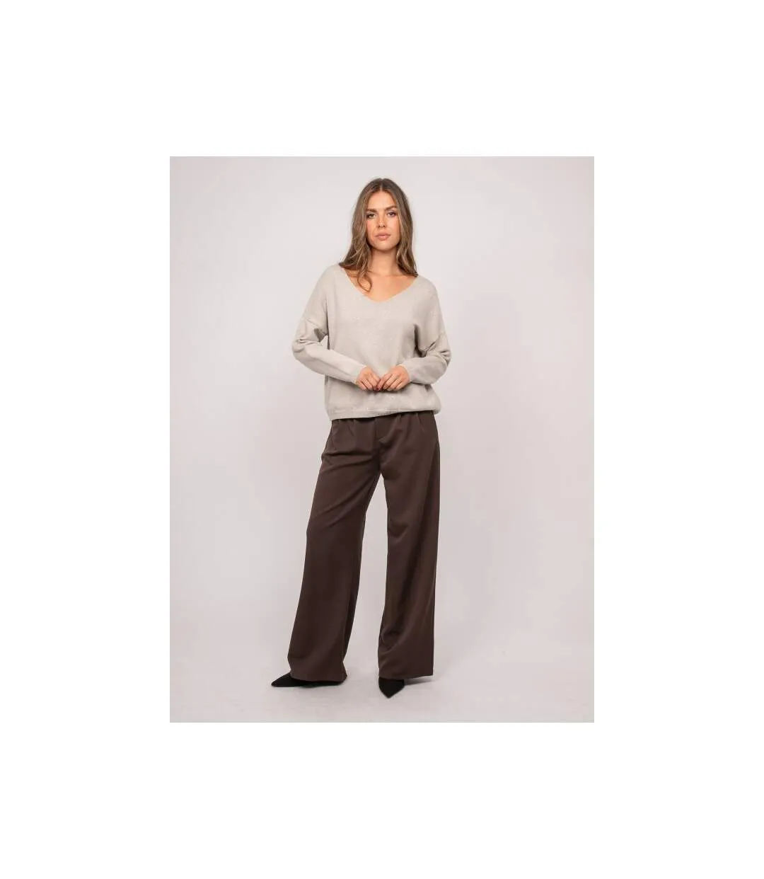 Pull maille fine col V paillettes KORAKA - Dona X Lisa-4