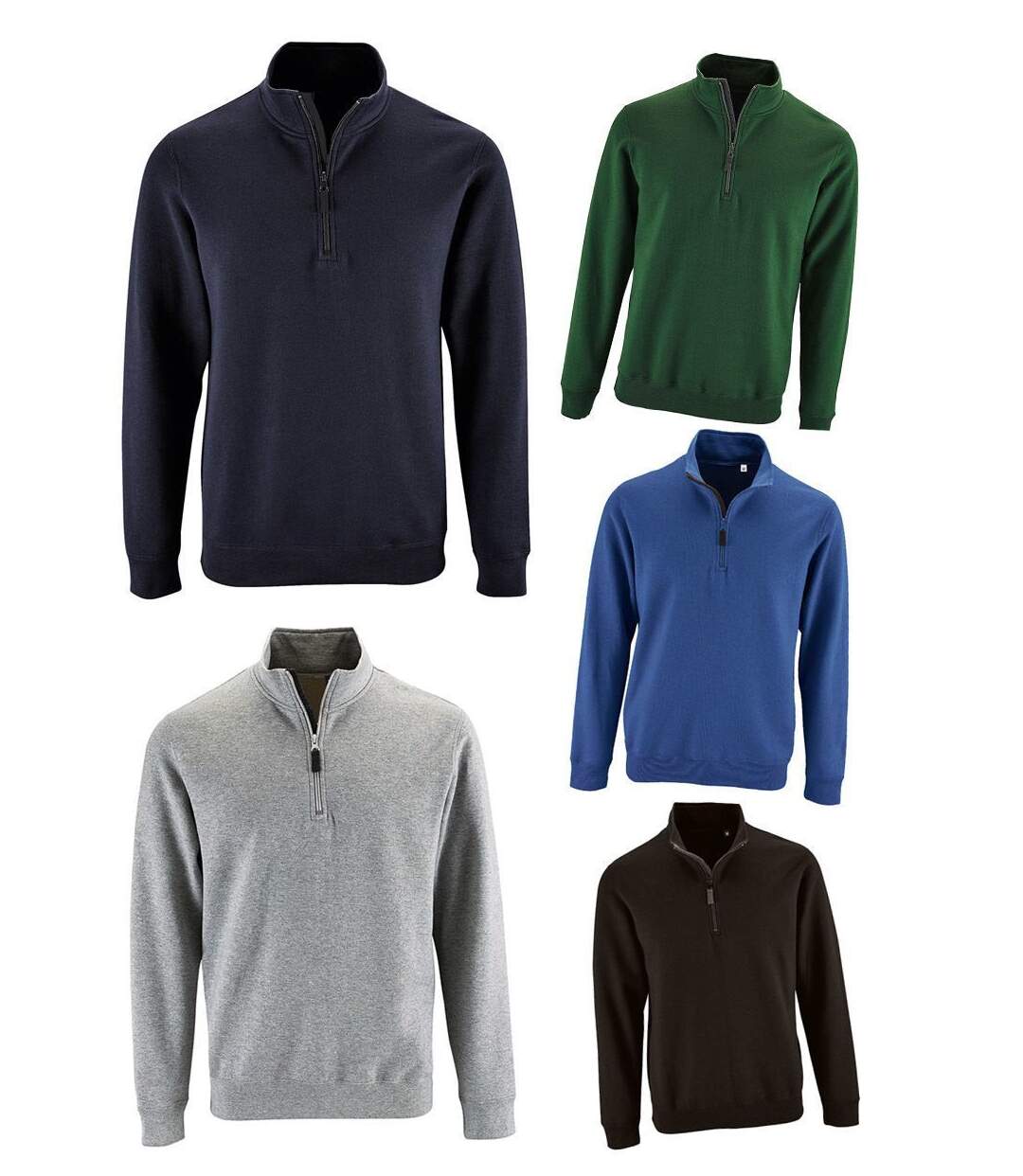 Lot 5 sweat-shirts col camionneur - bleu roi, marine, gris chiné, noir et vert