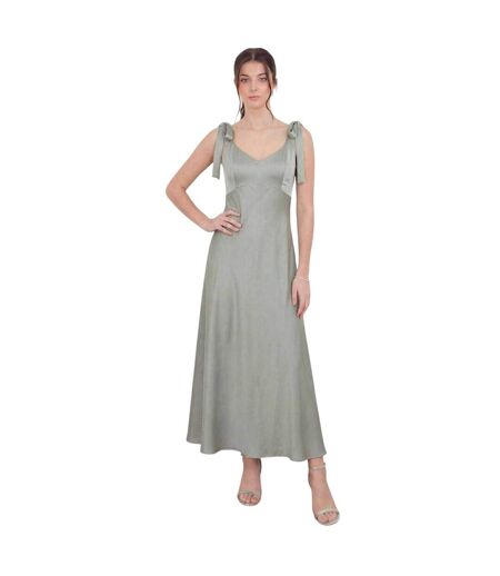 Womens/ladies Satin Tie Shoulder Bridesmaid Maxi Dress Sage Green Deluxe