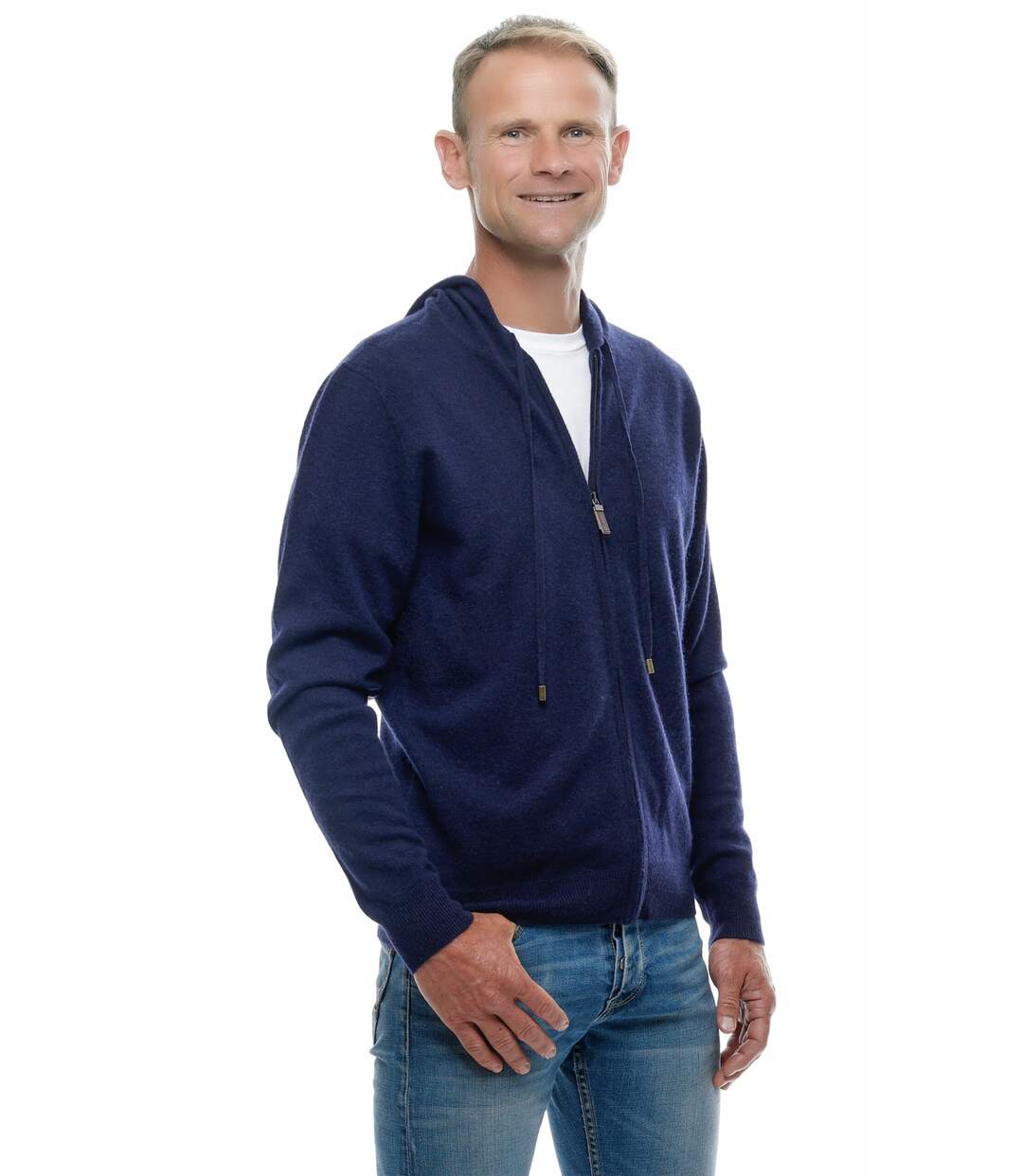 Gilet Zippé Capuche 100% Cachemire Bleu