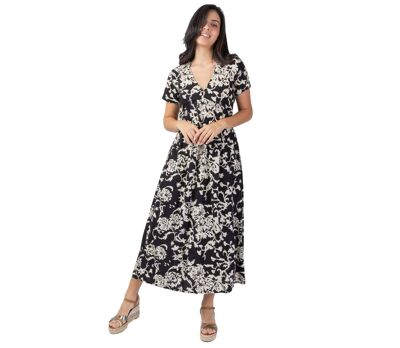 Robe longue été manches courtes Cataleya noir et beige Coton Du Monde