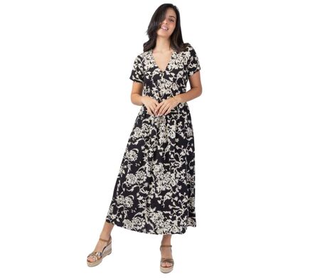 Robe longue été manches courtes Cataleya noir et beige Coton Du Monde