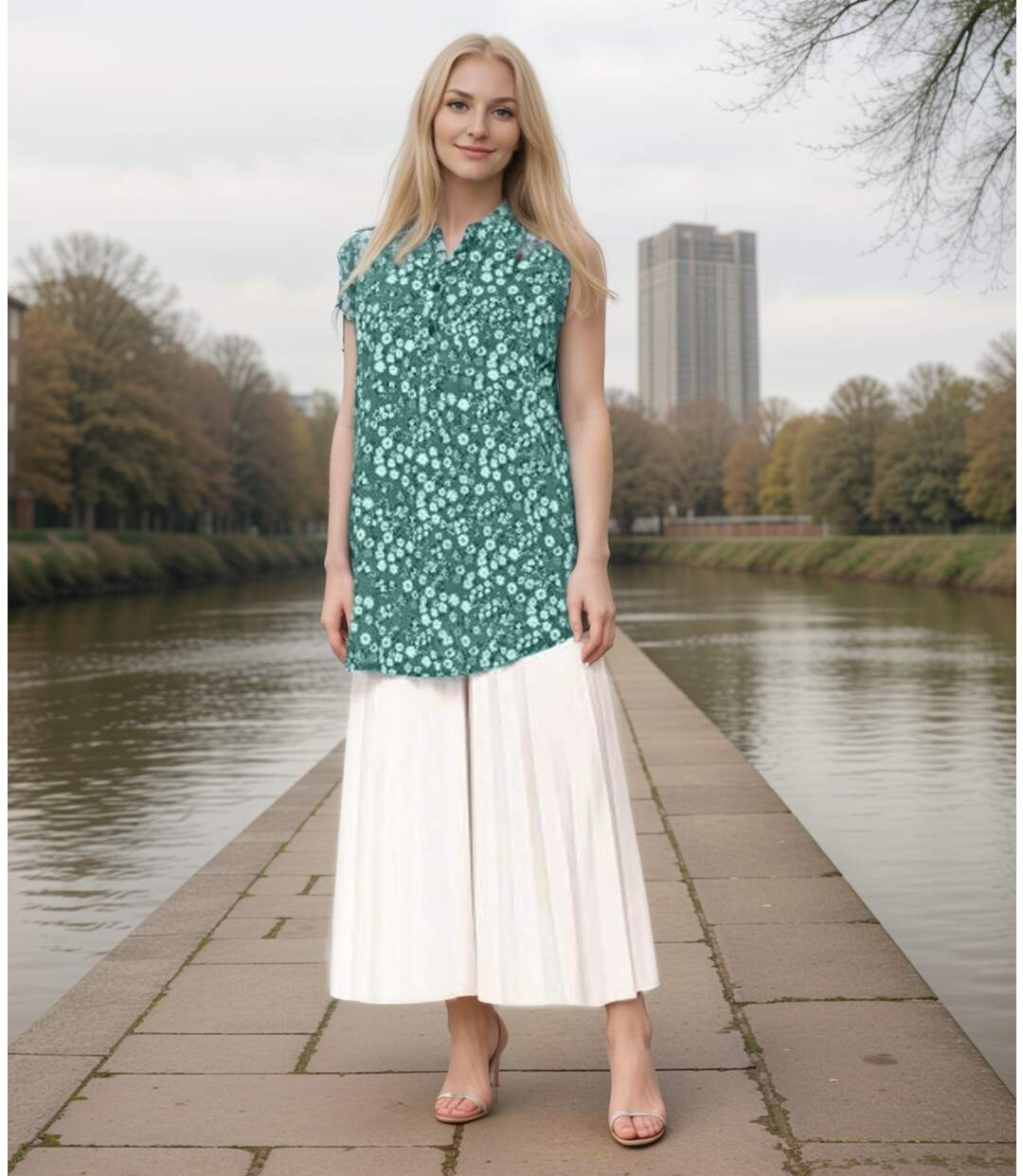 Tunique éclatante à  Fleurs Vertes - Blouse Sans Manches pour Femme-4
