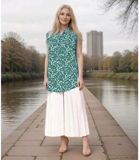 Tunique éclatante à  Fleurs Vertes - Blouse Sans Manches pour Femme