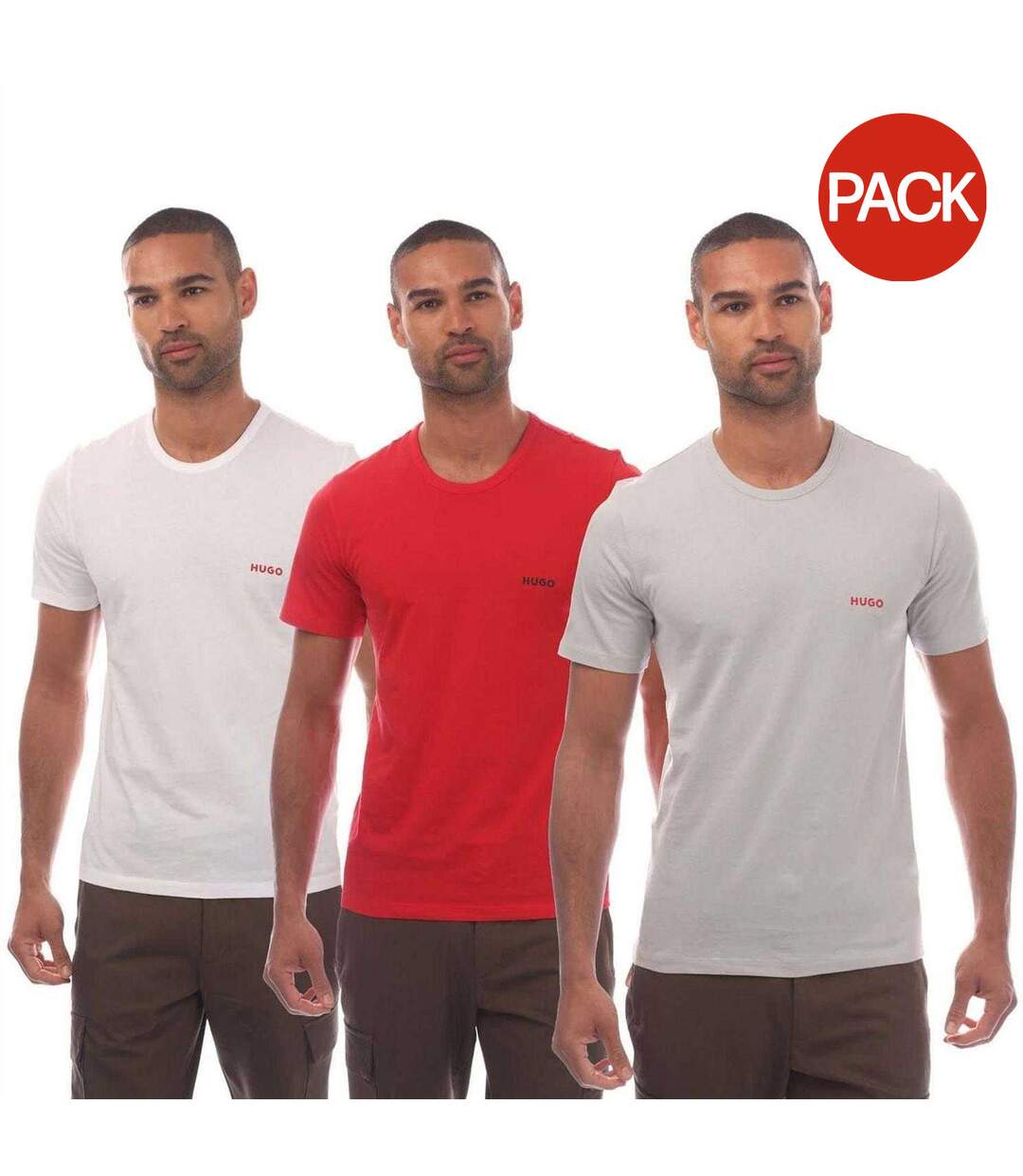Pack Of 3  Mens Contrast Logo T-shirt  Red White Grey Hugo-1