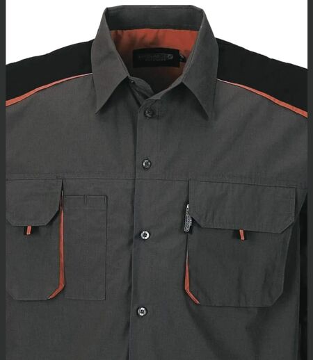 TERRATREND 3108 — Chemise à carreaux manches longues gris, noir et orange : robustesse polycoton et renforts Oxford