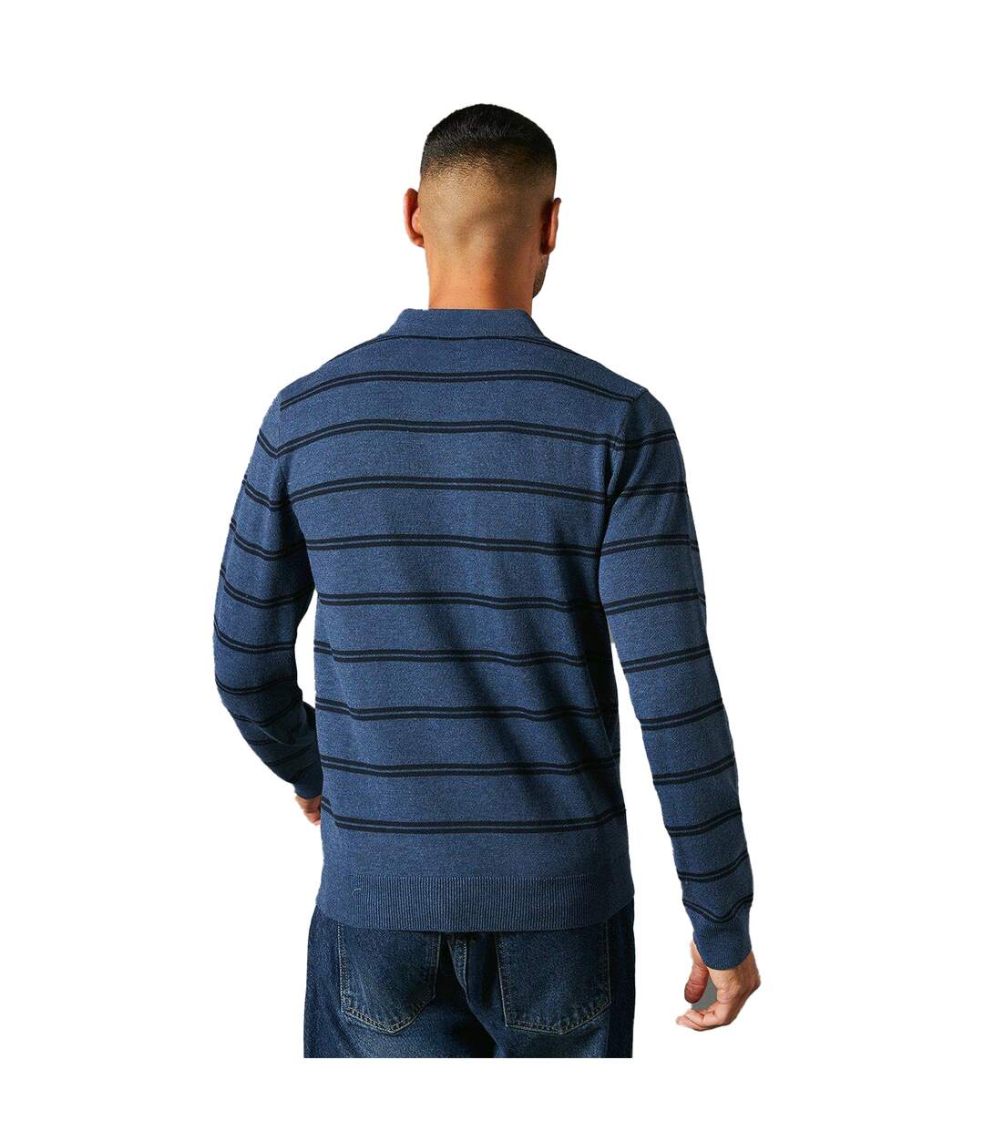 Mens stripe knitted long-sleeved polo shirt blue Maine-2