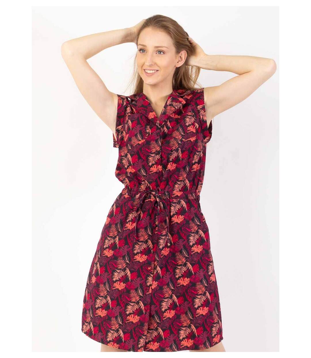 Robe courte ceinturée ASSIA à col chemise imprimé tropical prune Coton Du Monde