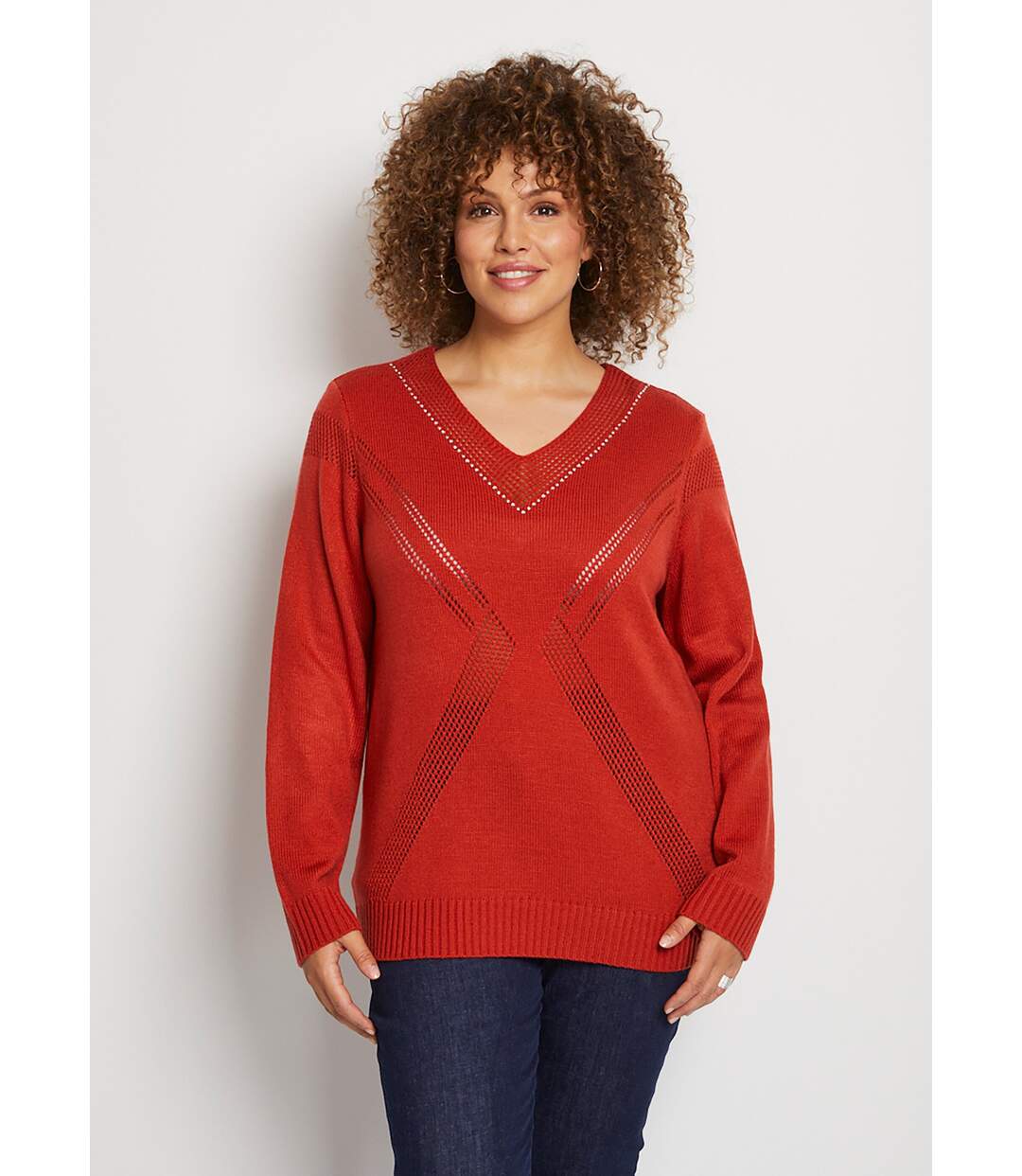 Pull bijou maille filet strass col V-1
